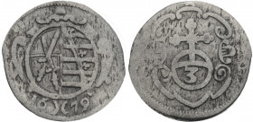 Sachsen/-Alb. Linie, Kurfürstentum nach 1547. 
JOHANN GEORG II., 1656-1680. 3 Pfennig 1679, Dresden. Ovales Doppelwappen in Kartusche, darunter Jahre...