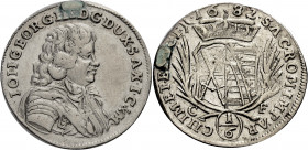 Sachsen/-Alb. Linie, Kurfürstentum nach 1547. 
JOHANN GEORG III., 1680-1691. 1/6 Taler 1682, Dresden. Brustbild r. Rv. Gekröntes Wappen zwischen Palm...