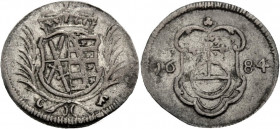 Sachsen/-Alb. Linie, Kurfürstentum nach 1547. 
JOHANN GEORG III., 1680-1691. Pfennig 1684, Dresden. Wappen unter Kurhut zwischen Palmzweigen, darunte...