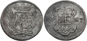 Sachsen/-Alb. Linie, Kurfürstentum nach 1547. 
JOHANN GEORG III., 1680-1691. Pfennig 1687 ohne Mzz., Dresden. Gekröntes Doppelwappen zwischen Palmzwe...