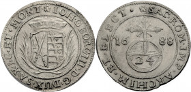 Sachsen/-Alb. Linie, Kurfürstentum nach 1547. 
JOHANN GEORG III., 1680-1691. 1/24 Taler 1688, ohne Mzz., Dresden. Wappen unter Kurhut zwischen Palmzw...