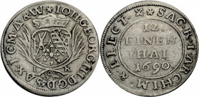 Sachsen/-Alb. Linie, Kurfürstentum nach 1547. 
JOHANN GEORG III., 1680-1691. 1/12 Taler 1690, Dresden. Dreifeldiges Wappen mit Kurhut zwischen Palmzw...