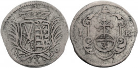 Sachsen/-Alb. Linie, Kurfürstentum nach 1547. 
JOHANN GEORG III., 1680-1691. 3 Pfennig 1690, Dresden. Wappen unter Kurhut zwischen Palmzweigen, darun...