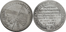 Sachsen/-Alb. Linie, Kurfürstentum nach 1547. 
JOHANN GEORG III., 1680-1691. Doppelgroschen 1691, Dresden, auf seinen Tod. Gepanzerter Arm aus Wolke ...