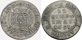 Sachsen/-Alb. Linie, Kurfürstentum nach 1547. 
JOHANN GEORG III., 1680-1691. 1/12 Taler 1691, Dresden. Dreifeldiges Wappen mit Kurhut zwischen Palmzw...