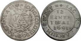 Sachsen/-Alb. Linie, Kurfürstentum nach 1547. 
JOHANN GEORG III., 1680-1691. 1/12 Taler 1691 Dresden. Dreifeldiges Wappen mit Kurhut zwischen Palmzwe...