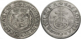 Sachsen/-Alb. Linie, Kurfürstentum nach 1547. 
JOHANN GEORG III., 1680-1691. 1/24 Taler 1691, Dresden. Wappen unter Kurhut zwischen Palmzweigen, am E...