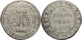 Sachsen/-Alb. Linie, Kurfürstentum nach 1547. 
JOHANN GEORG IV., 1691-1694. 1/12 Taler 1693, Leipzig, ohne Mmz. Doppelwappen unter Kurhut. Rv. Wert u...