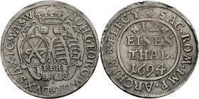 Sachsen/-Alb. Linie, Kurfürstentum nach 1547. 
JOHANN GEORG IV., 1691-1694. 1/12 Taler 1694, Leipzig. Doppelwappen unter Kurhut, unten Mmz. EPH Rv. W...