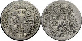 Sachsen/-Alb. Linie, Kurfürstentum nach 1547. 
JOHANN GEORG IV., 1691-1694. 1/12 Taler 1694, Leipzig. Doppelwappen unter Kurhut, unten Mmz. EPH Rv. W...