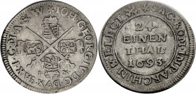 Sachsen/-Alb. Linie, Kurfürstentum nach 1547. 
JOHANN GEORG IV., 1691-1694. 1/24 Taler 1693, Dresden. Gekreuzte Schwerter, in den Winkeln gekrönte Wa...