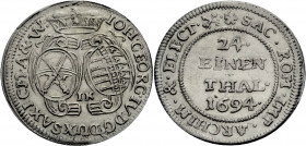 Sachsen/-Alb. Linie, Kurfürstentum nach 1547. 
JOHANN GEORG IV., 1691-1694. 1/24 Taler 1694, Dresden. Zwei Wappen unter Kurhut, unten Mmz. IK Rv. Wer...