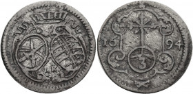 Sachsen/-Alb. Linie, Kurfürstentum nach 1547. 
JOHANN GEORG IV., 1691-1694. 3 Pfennig 1694, Dresden. Zwei ovale Wappenschilde unter Kurhut, unten Mmz...