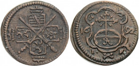 Sachsen/-Alb. Linie, Kurfürstentum nach 1547. 
JOHANN GEORG IV., 1691-1694. Pfennig 1692, Dresden. Zwei gekreuzte Schwerter, in den Winkeln vier gekr...