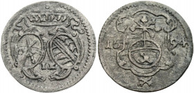 Sachsen/-Alb. Linie, Kurfürstentum nach 1547. 
JOHANN GEORG IV., 1691-1694. Pfennig 1694, Dresden. Gekröntes Doppelwappen, darunter Mmz. I. K. Rv. Re...