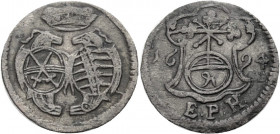 Sachsen/-Alb. Linie, Kurfürstentum nach 1547. 
JOHANN GEORG IV., 1691-1694. Pfennig 1694, Leipzig. Gekröntes Doppelwappen. Rv. Reichsapfel mit Wertze...