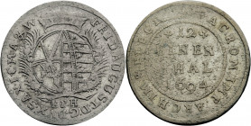 Sachsen/-Alb. Linie, Kurfürstentum nach 1547. 
FRIEDRICH AUGUST I., 1694-1733. 1/12 Taler 1694, Leipzig. Wappen unter Kurhut zwischen Palmzweigen, da...