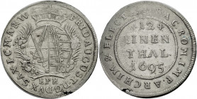 Sachsen/-Alb. Linie, Kurfürstentum nach 1547. 
FRIEDRICH AUGUST I., 1694-1733. 1/12 Taler 1695, Leipzig. Wappen unter Kurhut zwischen Palmzweigen, da...