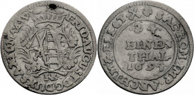 Sachsen/-Alb. Linie, Kurfürstentum nach 1547. 
FRIEDRICH AUGUST I., 1694-1733. 1/24 Taler 1694, Dresden. Wappen unter Kurhut zwischen Palmzweigen, da...