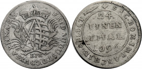 Sachsen/-Alb. Linie, Kurfürstentum nach 1547. 
FRIEDRICH AUGUST I., 1694-1733. 1/24 Taler 1696, Leipzig. Wappen unter Kurhut zwischen Palmzweigen, da...