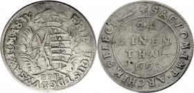 Sachsen/-Alb. Linie, Kurfürstentum nach 1547. 
FRIEDRICH AUGUST I., 1694-1733. 1/24 Taler 1698, Leipzig. Wappen unter Kurhut zwischen Palmzweigen, da...