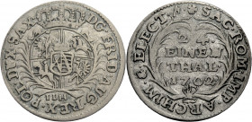 Sachsen/-Alb. Linie, Kurfürstentum nach 1547. 
FRIEDRICH AUGUST I., 1694-1733. 1/24 Taler 1702, Dresden. Gekröntes Wappen zwischen Palmzweigen, darun...