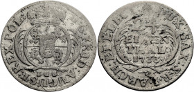 Sachsen/-Alb. Linie, Kurfürstentum nach 1547. 
FRIEDRICH AUGUST I., 1694-1733. 1/24 Taler 1733, Dresden. Gekröntes Wappen zwischen Palmzweigen, darun...