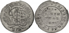 Sachsen/-Alb. Linie, Kurfürstentum nach 1547. 
FRIEDRICH AUGUST I., 1694-1733. 1/48 Taler 1695, Leipzig. Gekröntes Wappen zwischen Palmzweigen, darun...