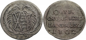 Sachsen/-Alb. Linie, Kurfürstentum nach 1547. 
FRIEDRICH AUGUST I., 1694-1733. 6 Pfennig 1702, Leipzig, sogen. "Roter Seufzer". Wappen zwischen Palmz...