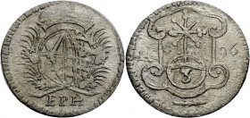 Sachsen/-Alb. Linie, Kurfürstentum nach 1547. 
FRIEDRICH AUGUST I., 1694-1733. 3 Pfennig 1696, Leipzig. Gekröntes Wappen zwischen Palmzweigen, darunt...