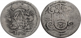 Sachsen/-Alb. Linie, Kurfürstentum nach 1547. 
FRIEDRICH AUGUST I., 1694-1733. 3 Pfennig 1696, Leipzig. Gekröntes Wappen zwischen Palmzweigen, darunt...