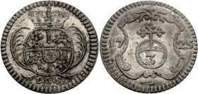 Sachsen/-Alb. Linie, Kurfürstentum nach 1547. 
FRIEDRICH AUGUST I., 1694-1733. 3 Pfennig 1725, Dresden. Gekröntes Wappen zwischen Palmzweigen, darunt...