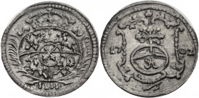 Sachsen/-Alb. Linie, Kurfürstentum nach 1547. 
FRIEDRICH AUGUST I., 1694-1733. Pfennig 1702, Dresden. Gekröntes rundes Wappen zwischen Palmzweigen, d...