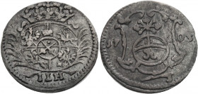 Sachsen/-Alb. Linie, Kurfürstentum nach 1547. 
FRIEDRICH AUGUST I., 1694-1733. Pfennig 1703, Dresden. Gekröntes rundes Wappen zwischen Palmzweigen, d...