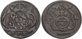 Sachsen/-Alb. Linie, Kurfürstentum nach 1547. 
FRIEDRICH AUGUST I., 1694-1733. Pfennig 1711, Leipzig. Gekröntes eingebuchtetes Wappen zwischen Palmzw...