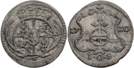 Sachsen/-Alb. Linie, Kurfürstentum nach 1547. 
FRIEDRICH AUGUST I., 1694-1733. Pfennig 1720, Dresden. Gekröntes rundes Wappen zwischen Palmzweigen, d...