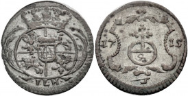 Sachsen/-Alb. Linie, Kurfürstentum nach 1547. 
FRIEDRICH AUGUST I., 1694-1733. Pfennig 1715, Dresden. Gekröntes rundes Wappen zwischen Palmzweigen, d...