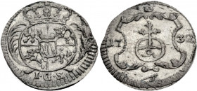 Sachsen/-Alb. Linie, Kurfürstentum nach 1547. 
FRIEDRICH AUGUST I., 1694-1733. Pfennig 1732, Dresden. Gekröntes Wappen zwischen Palmzweigen, darunter...