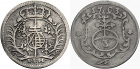 Sachsen/-Alb. Linie, Kurfürstentum nach 1547. 
FRIEDRICH AUGUST I., 1694-1733. 3 Pfennig 1703, Dresden. Gekröntes Wappen zwischen Palmzweigen, darunt...