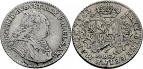 Sachsen/-Alb. Linie, Kurfürstentum nach 1547. 
FRIEDRICH AUGUST II., 1733-1763. 1/6 Taler = 1/8 Konv.-Taler 1763, Dresden. Geharnischtes Brustbild r....