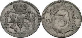 Sachsen/-Alb. Linie, Kurfürstentum nach 1547. 
FRIEDRICH AUGUST II., 1733-1763. 3 Pfennig 1763, Grünthal. Gekröntes Wappen, darunter Mmz. \'f4F Rv. W...