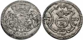 Sachsen/-Alb. Linie, Kurfürstentum nach 1547. 
FRIEDRICH AUGUST II., 1733-1763. Pfennig 1739, Dresden. Gekröntes Wappen, darunter Mmz. F.W.\'f4 F. Rv...