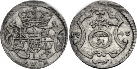 Sachsen/-Alb. Linie, Kurfürstentum nach 1547. 
FRIEDRICH AUGUST II., 1733-1763. Pfennig 1746, Dresden. Gekröntes Wappen, darunter Mmz. F.W.\'f4 F. Rv...