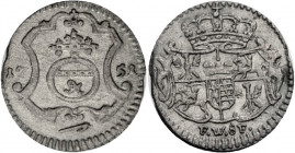 Sachsen/-Alb. Linie, Kurfürstentum nach 1547. 
FRIEDRICH AUGUST II., 1733-1763. Pfennig 1751, Dresden. Gekröntes Wappen, darunter Mmz. F.W.\'f4 F. Rv...