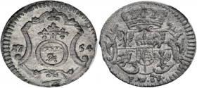 Sachsen/-Alb. Linie, Kurfürstentum nach 1547. 
FRIEDRICH AUGUST II., 1733-1763. Pfennig 1754, Dresden. Gekröntes Wappen, darunter Mmz. F.W.\'f4 F. Rv...