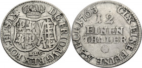 Sachsen/-Alb. Linie, Kurfürstentum nach 1547. 
FRIEDRICH AUGUST II., 1733-1763. 1/12 Taler 1763, Leipzig. Gekröntes Wappen, darunter Mmz. EDC. Rv. We...