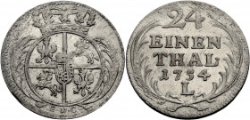 Sachsen/-Alb. Linie, Kurfürstentum nach 1547. 
FRIEDRICH AUGUST II., 1733-1763. 1/24 Taler 1754, Leipzig oder Dresden. Gekröntes Wappen zwischen Palm...