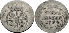 Sachsen/-Alb. Linie, Kurfürstentum nach 1547. 
FRIEDRICH AUGUST II., 1733-1763. 1/24 Taler 1754, Leipzig oder Dresden. Gekröntes Wappen zwischen Palm...