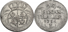 Sachsen/-Alb. Linie, Kurfürstentum nach 1547. 
FRIEDRICH AUGUST II., 1733-1763. 1/24 Taler 1756, Leipzig oder Dresden. Gekröntes Wappen zwischen Palm...