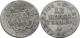 Sachsen/-Alb. Linie, Kurfürstentum nach 1547. 
FRIEDRICH CHRISTIAN, 1763 (5. Okt. - 7. Dez.). 1/12 Taler 1763, Leipzig. Gekröntes Wappen, darunter Mm...